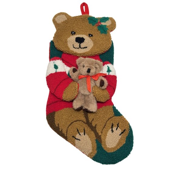 Crystal Snow Christmas Stocking 18" Looped Textured Teddy Bear Holding Plush - Picture 4 of 6